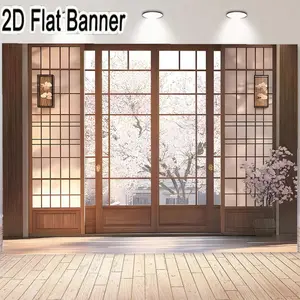 2D flat banner, 1pcElegant French Doors with Shoji Screens, Wooden Frame, Decorative Lanterns, Ideal for Spring Home Decor, Tranquil Interior Design, Perfect for Photography Backdrop, Living Room or Garden Entryway, Features Charming Cherry Blossom