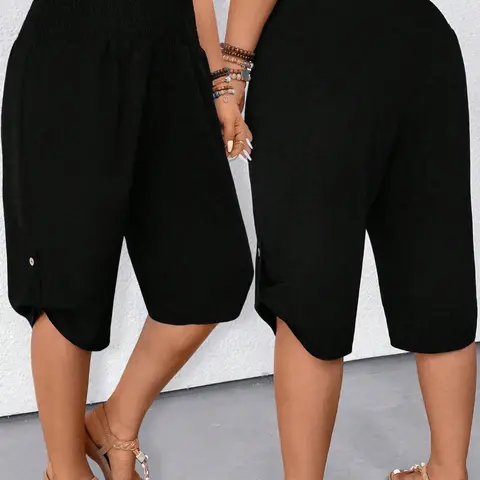 2026 Women's Casual High Waist Wide Leg Capri Pants, Smocked Waist, Button Hem, Loose Fit Cropped Trousers, Stretchy Soft Breathable Lightweight, Plus Size Solid Black, for Beach Vacation, Lounge, Daily Work, Spring Break, Casual Comfy Trousers