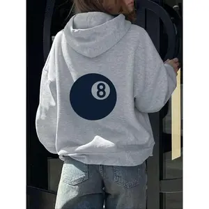 Women's 8 Ball Print Drawstring Pocket Hoodie, Casual Long Sleeve Hooded Sweatshirt for Fall & Winter, Women's Clothes for Daily Wear