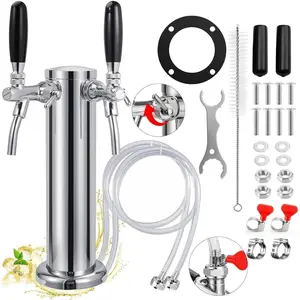 New Adjustable Dual Tap Kegerator Tower 1/4" Barb 3" Draft Beer Dispenser Keg Tower with 304 Stainless Steel Core Self-Closing Beer Faucet Pre-Assembled Kegerator Parts Kits