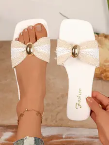 New Woven Bow Women Sandals Flat One Strap Shoes with Letter Print Soft Lightweight, Casual Textile Upper All Seasons