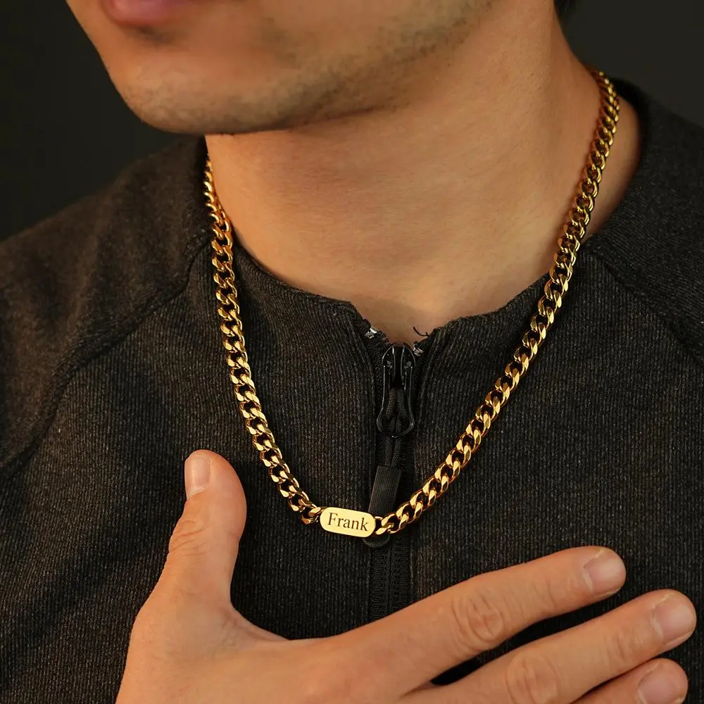 Men's Stainless Steel Cuban Chain Necklace - AS509 Custom Engraved Personalized Name Pendant