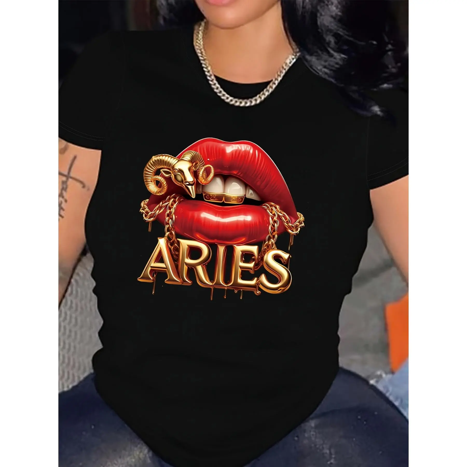 Women's 100% Cotton Casual Aries Graphic Short-Sleeve Round-Neck Loose Basic All-Seasons T-Shirt