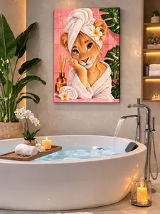 Cute Lion Bathroom Wall Art Canvas | Funny Animal Spa Decor | Pink Bathroom Decor | Lion Canvas Print