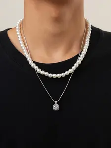 Men's 2pcs Faux Pearls Beaded & Pendant Faux Pearl Jewelry