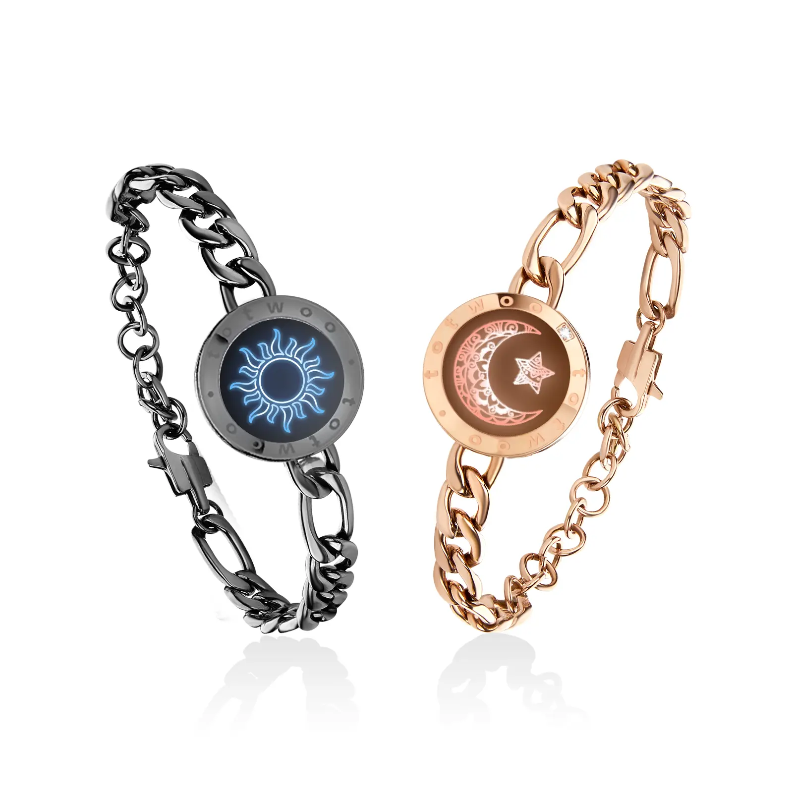 TOTWOO Sun and Moon Long Distance Touch Bracelets for Couples, Smart Light Up & Vibration Love Jewelry, Long Distance Relationship Gifts for Boyfriend, One-to-One Bluetooth Pairing via App