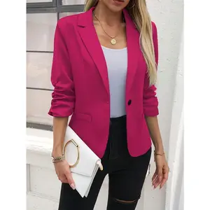 Women’s casual blazer, long sleeves, solid color, loose fit, polyester blazer with single-button closure — light purple, perfect for fall/winter office attire | Casual style blazer | Polyester blazer