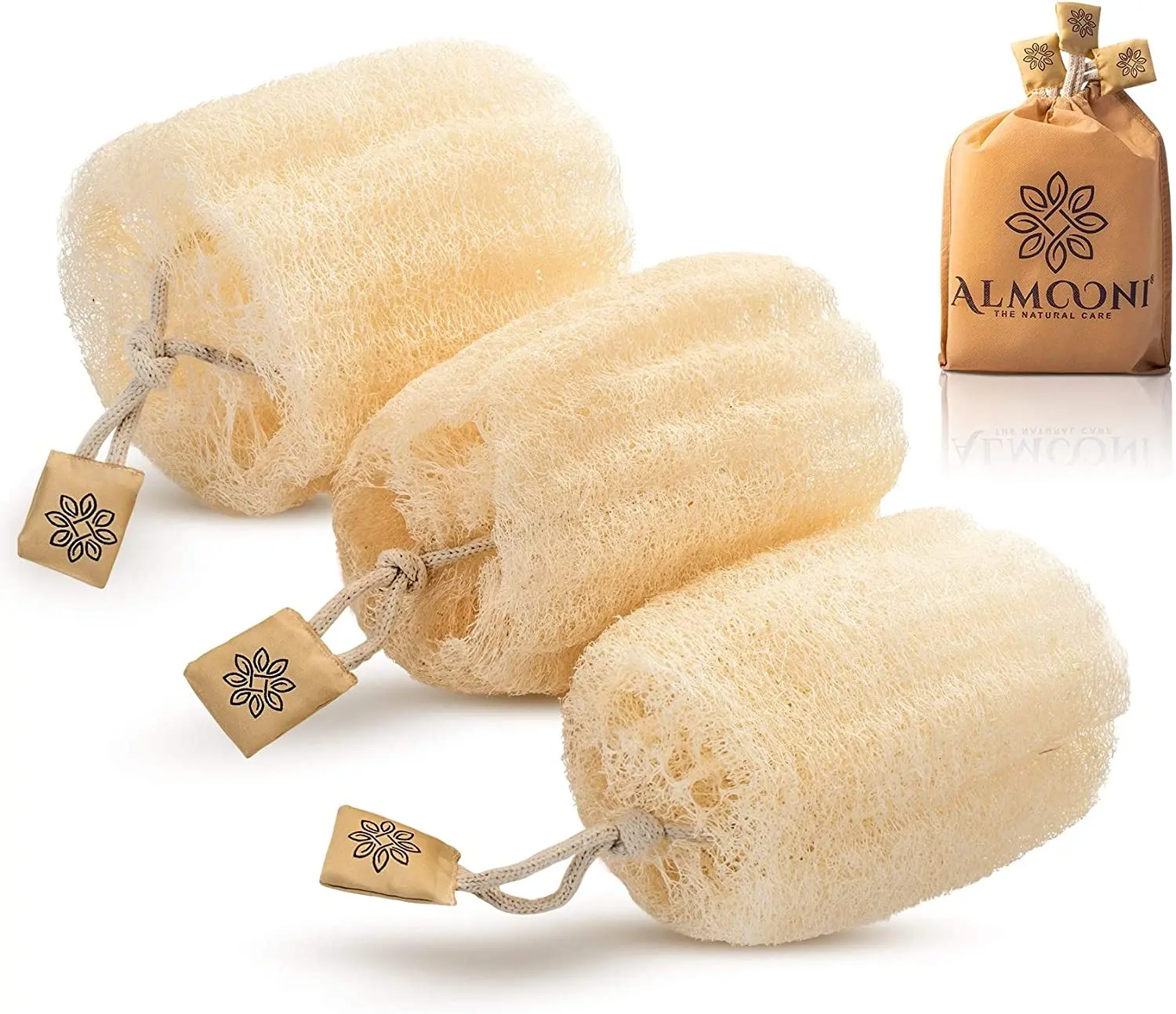 Natural Loofah Body Scrubber, Egyptian Loofah Sponge, 3 Count | Natural Egyptian Loofah Sponge, round Shape Shower Sponge for Face & Body, Men & Women, Gentle Exfoliation, Large Size ALMOONI