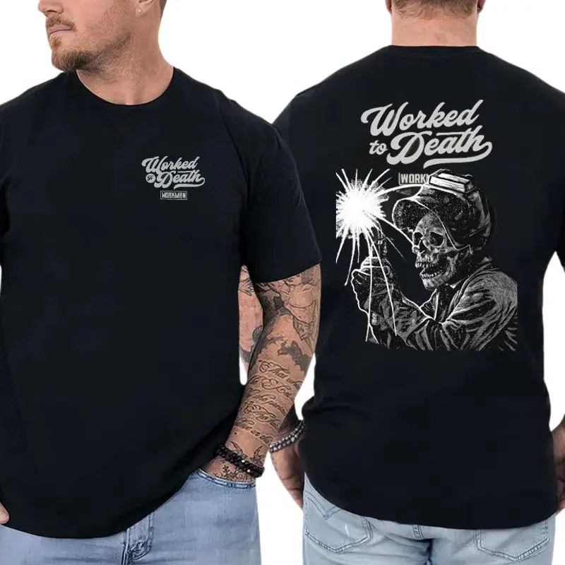 Worked To Death Welder T-Shirt, Welding Skull Spark Graphic, Blue Collar Welding Graphic Shirt for Welders & Metal Workers, Gift for Tradesmen or Welding Professionals