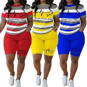 Plus Size Women's Striped Two Piece Outfit Faith Hope Love Print Short Sleeve T-Shirt and Biker Shorts Casual Loungewear Set with Pockets