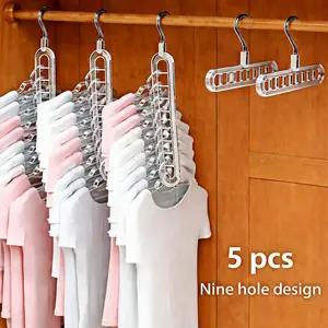 5-Pack Foldable Plastic Hangers with 9 Holes, Anti-Slip Space-Saving Clothes Organizer for Closet, Wardrobe, and Dorm，home essentials