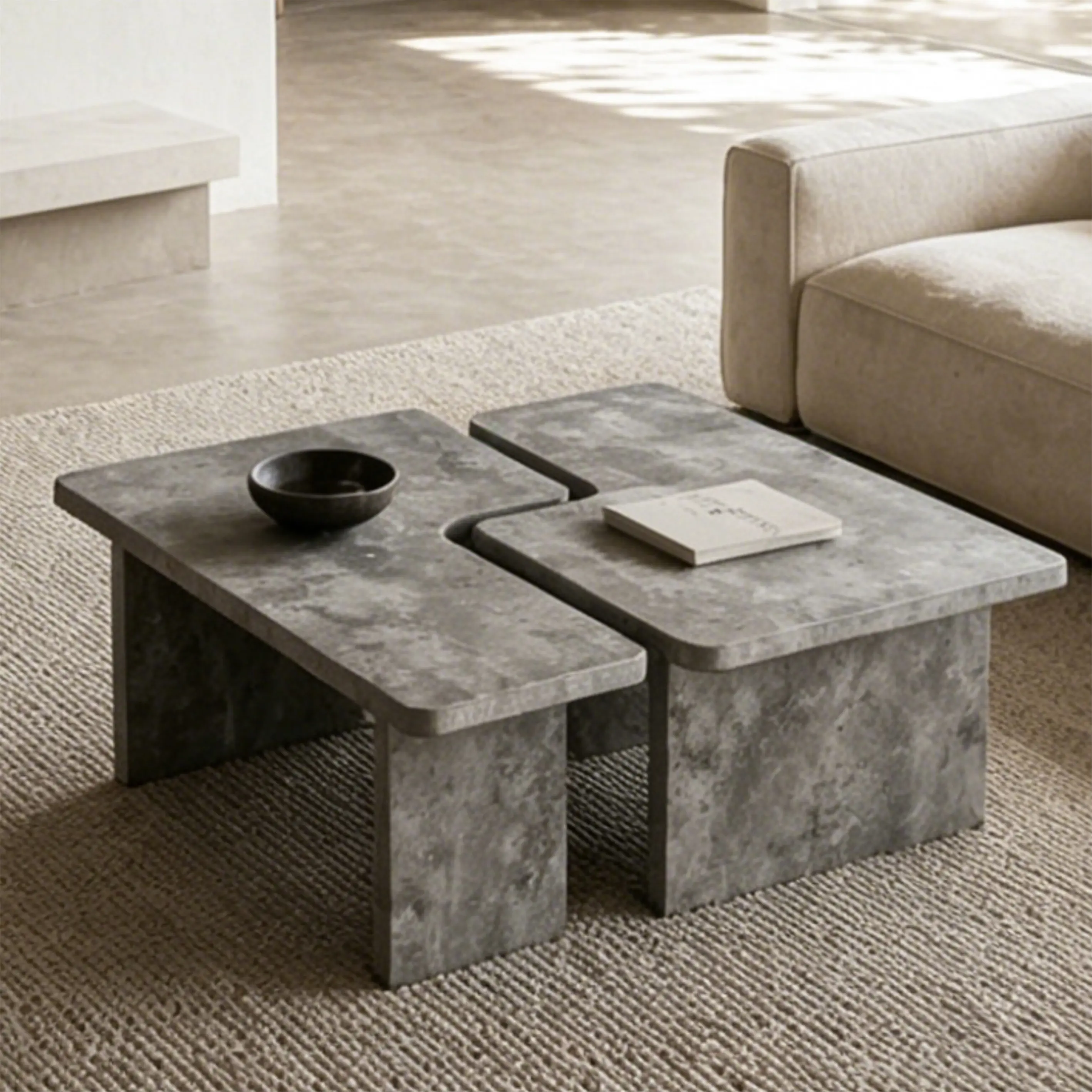Modular Concrete Coffee Table Set of 2, Nesting L-Shaped Puzzle Center Table, Faux Stone Look Square or Rectangular Cocktail Table with Slab Legs for Modern Industrial Living Room, Slate Gray, Gray/Beige