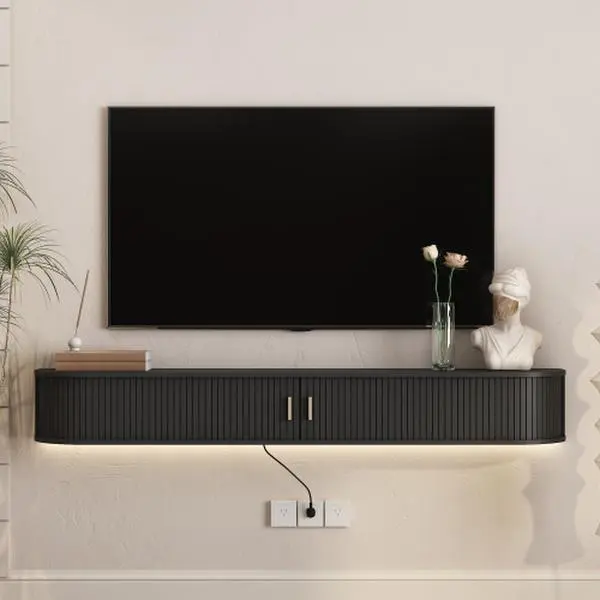 Floating TV Stand Wall Mounted with LED Lights, 69 Inch Modern TV Cabinet with Sliding Doors, Curved Media Console for Living Room