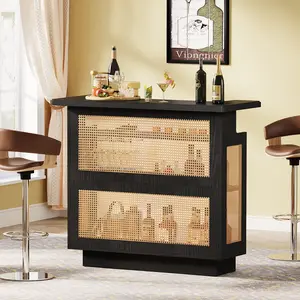 LITTLE TREE  Rattan Home Bar Unit, Farmhouse 4-Tier Bar Table with 4 Stemware Racks, Liquor Wine Bar Cabinet for Home Pub, Black