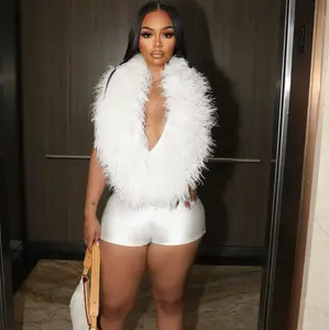 Soft Serve Feather Jumpsuit - Glamorous Y2K Style Sleeveless Above the Knee Summer Fur Design for Events ZHOU00 Women's Fashionable Polyester Spandex Piece