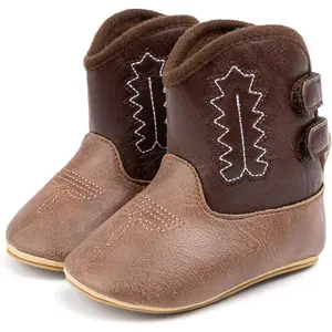 KF5-SOC029 Baby Boys Girls Western Cowboy Boots Infant Moccasins High Top Booties Toddler Soft Sole Non-Slip First Walker Crib Shoes