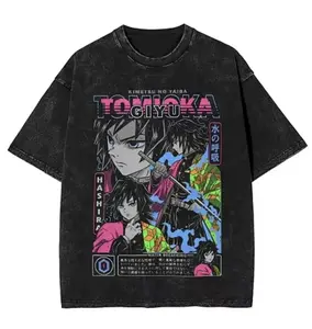Demon Slayer Giyu Tomioka Graphic T-Shirt, Vintage Washed Distressed Oversized Anime Tee, Retro Water Breathing Hashira Streetwear Top for Men Women, Anime Lover & Demon Slayer Fan Gift Shirt