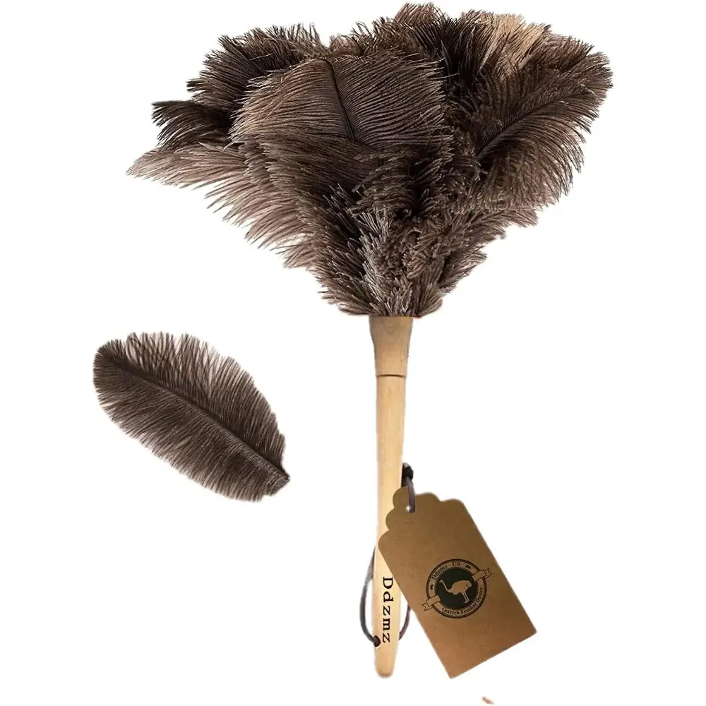 Brown 16in Lightweight Foldable Handheld Ostrich Feather Duster - Genuine Feathers, Wooden Handle, High-Temperature Fumigation, Removable & Washable, Anti-Fouling Reusable Brush for Glass, Metal Surfaces, Home Care Cleaning Process Supplies