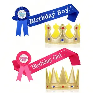Birthday Crown Party Set, Princess Hat, Birthday Belt Buckle Pin, Party Accessories Ribbon Photo Prop Decoration for Boys & Girls, Party Favor