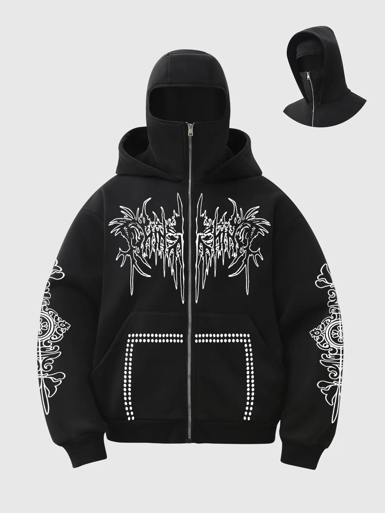 Hiphop Street Style Baraklava Hoodie Sweatshirt, Unisex Oversized Loose Fit Jacket, Skeleton/totem Pattern, Y2K Casual Wear