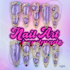 Y2K Style Long Sharp Nail Tips, Handmade Wearable Nails, 3 Sizes S M L, Gem Design, Perfect Gift for Girls, Includes Jelly Glue Crystal Stick Scrubber