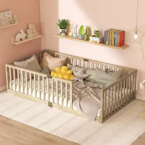 Aobtkel Twin Size Floor Bed with Fence without Door, Twin/Full/Queen Size Bed Floor Bed with Safety Guardrails and Door,Twin/Full Size Montessori Floor Bed for Kids, Solid Wood Bed Frame with Fence, Door & Safety Guardrails, CPC Certified Crib For Infant