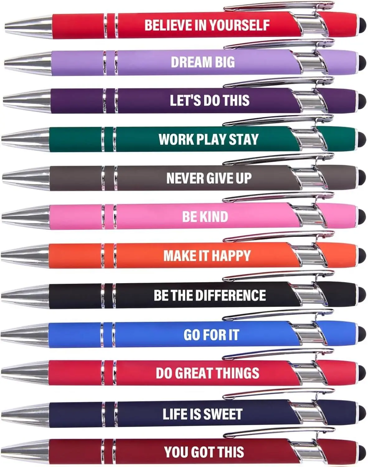 12-Pack Funny Fine Point Ballpoint Pens with Jet Black Refill Ink, Smooth Writing, Inspirational Quotes, Rubber Double-Ring Grip, Assorted Color Pens & Refills, Office Stationery Desk Accessory, Thoughtful Gift Choice