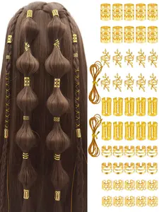52pcs Multi-Form Hair Rings, Adjustable Alloy Hair Cuffs with 2 Ropes, Boho Bohemian Hair Jewelry for Men & Women's Dreadlocks & Braids