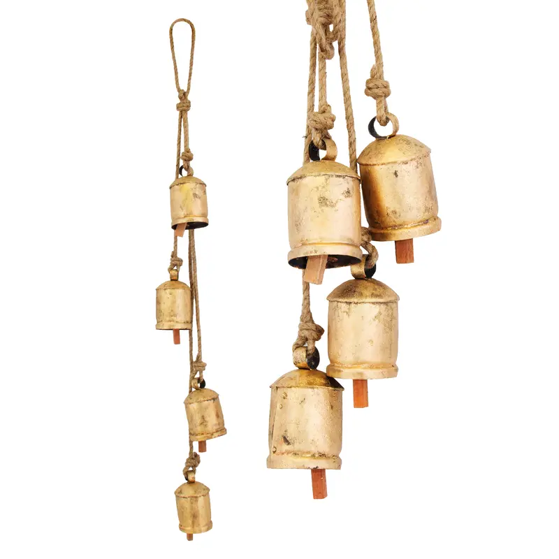 Metal Vintage Cow Bell Set - 4-In-1 String-Mounted Bells, Art Deco Shabby Chic Ornaments, Good Luck Charms for Christmas, Home Decoration Ambiance Enhancement