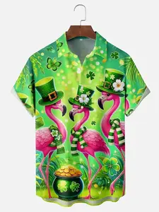 Men's St Patrick's Day Flamingo Print Button Short Sleeve Hawaiian Shirt, Casual Slim-Fitting Blouse, All over Print Summer Top