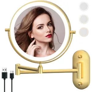 Rechargeable Wall Mounted Lighted Makeup Vanity Mirror 9 Inch Double Sided 1X 10X Magnifying Bathroom Mirror, 3 Color Lighting, Touch Screen Dimming, 360 Rotation Shaving Mirror