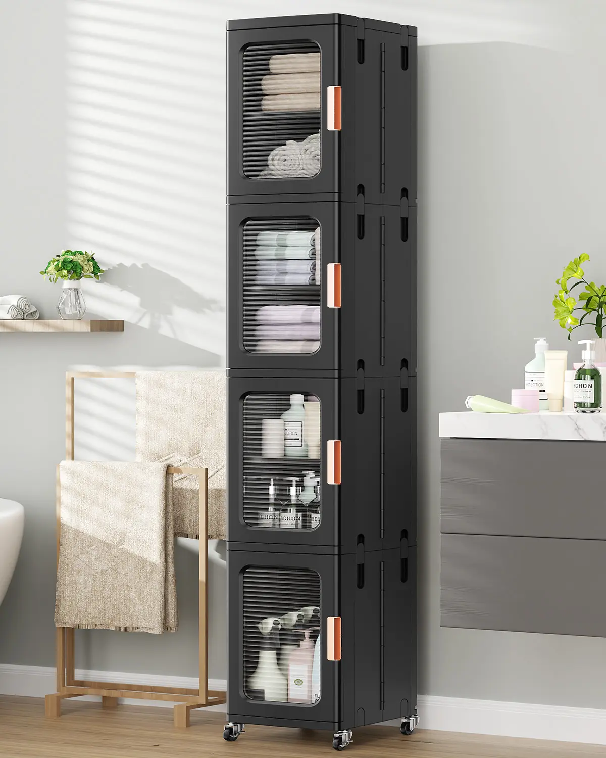 Broview Tall Narrow Sturdy Storage Cabinet Organizer - Slim Plastic Unit with Adjustable Shelves, Transparent Doors, Wheels, High-Capacity for Small Spaces, Bathroom, Workshop