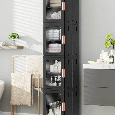 Broview Tall Narrow Sturdy Plastic Bathroom Organizer - Slim Polypropylene Storage Cabinet with Adjustable Shelves, Transparent Doors, Wheels, Collapsible Waterproof High-Capacity Easy Unit for Small Room Organization Products, House Organizers