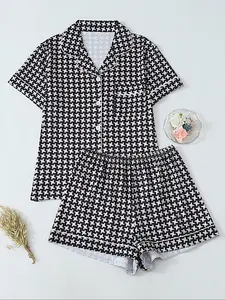 Women's Houndstooth Print Short Sleeve Tee & Elastic Waist Shorts Pyjama, Casual Comfy Round Neck T-shirt & Shorts Pajama Set, Ladies Sleepwear for All Seasons, Loungewear