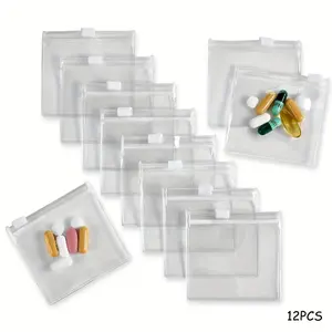 12 Piece Reusable Transparent Plastic Mini Bags, Travel Pill Organizer, Vitamin Organizer, Self-Sealing Storage Pouches for Pills and Small Items