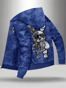 Men's Autumn Winter Personalized Robot Bear Print Long Sleeve Pocket Zipper Hoodie with Tie-Dye Process Fashionable Casual Sports Jacket Menswear Sweatshirts Blue Bestie Tops