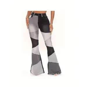 [Spliced Wide-Leg Jeans] Plus Size Stretch Slimming Pants Retro Street Fashion Lazy Style Womenswear Bottom Trouser Streetwear Denim Black patch  pants