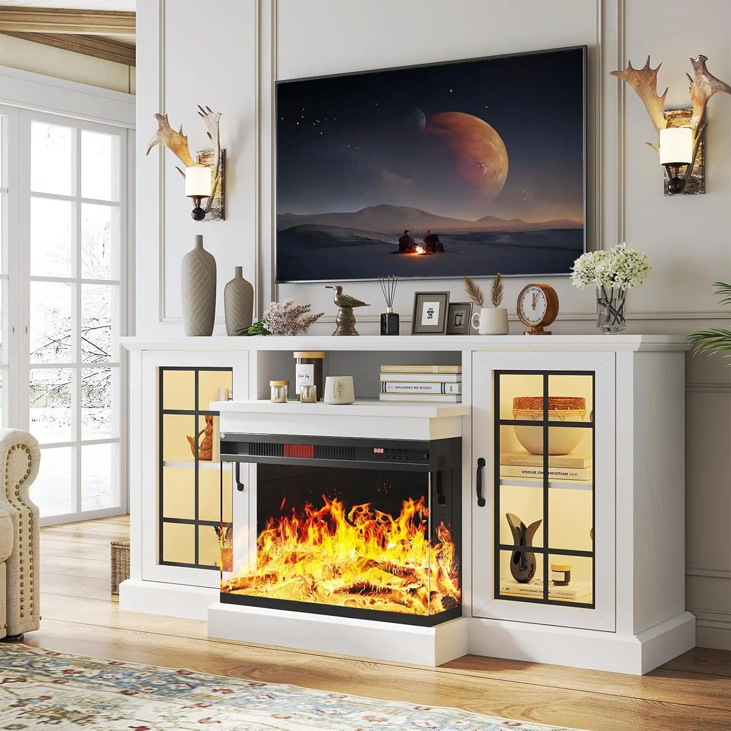 oneinmil 59/80" Fireplace TV Stand, 3 Sided Glass Media Entertainment Center Console Table for TVs up to 65/85" with Glass Door Adjustable Flame LED Color for Living Room, Set of TV Table