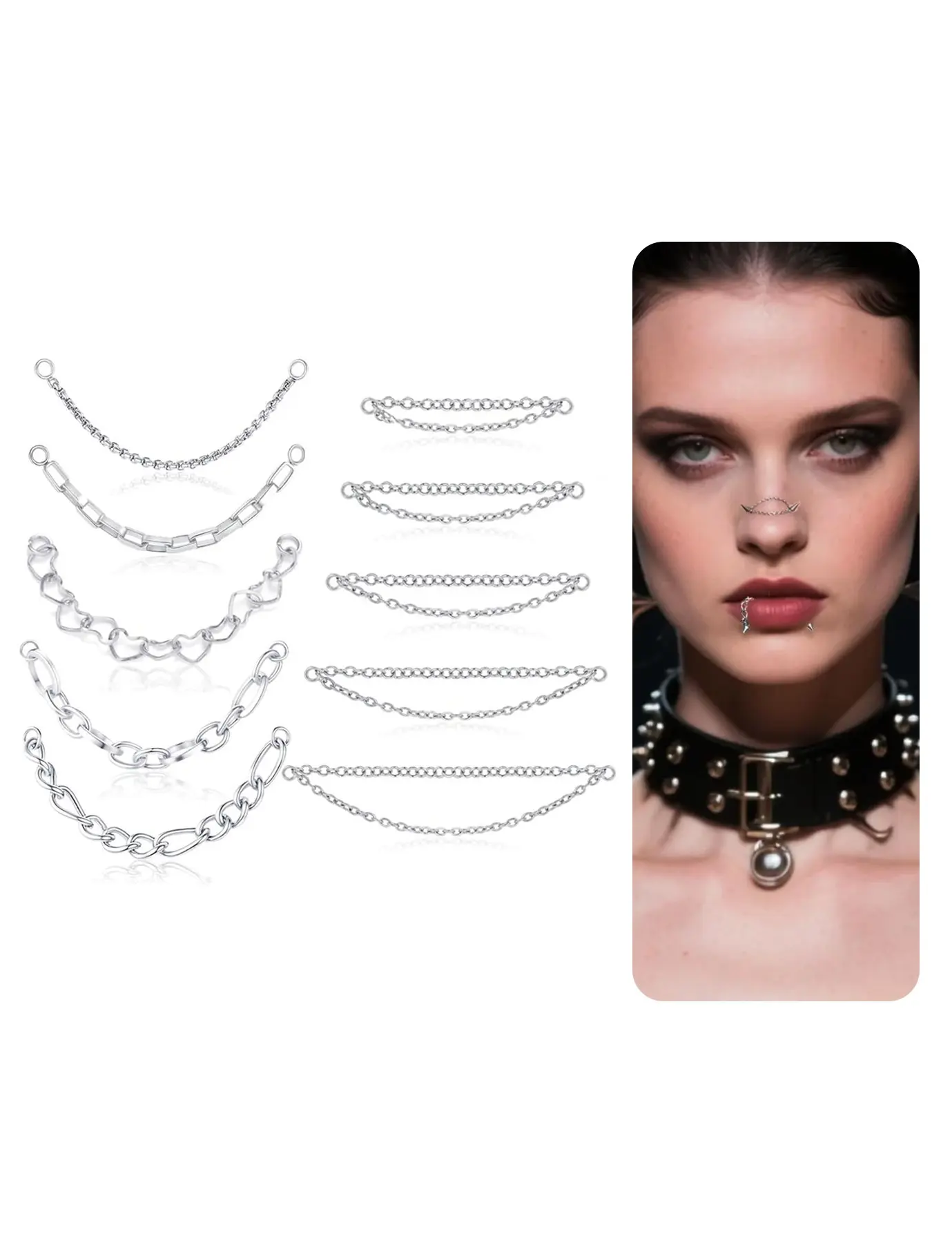 10Pcs Nose Rings Chain Stainless Steel Heart Double Nose Chains Nostril Piercing Chic Body Jewelry for Women Men Silver Tone 32/35/38/40/45/50mm