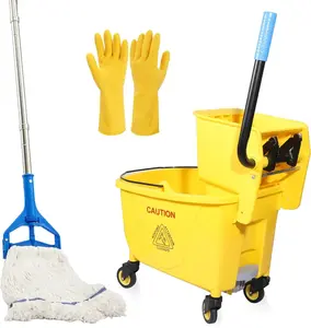 35QT Side-Press Mop and Wringer Combo on Wheels, Yellow,Including One Duty Industrial Mop and One Set Large Gloves