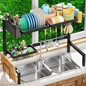Over The Sink Dish Drying Rack 2 Tiers, for All Sinks (24.8"-35.4"),Expandable Large Capacity Sink Rack, Metal Drying Rack for Kitchen and Family Use Dish Racks Retractable