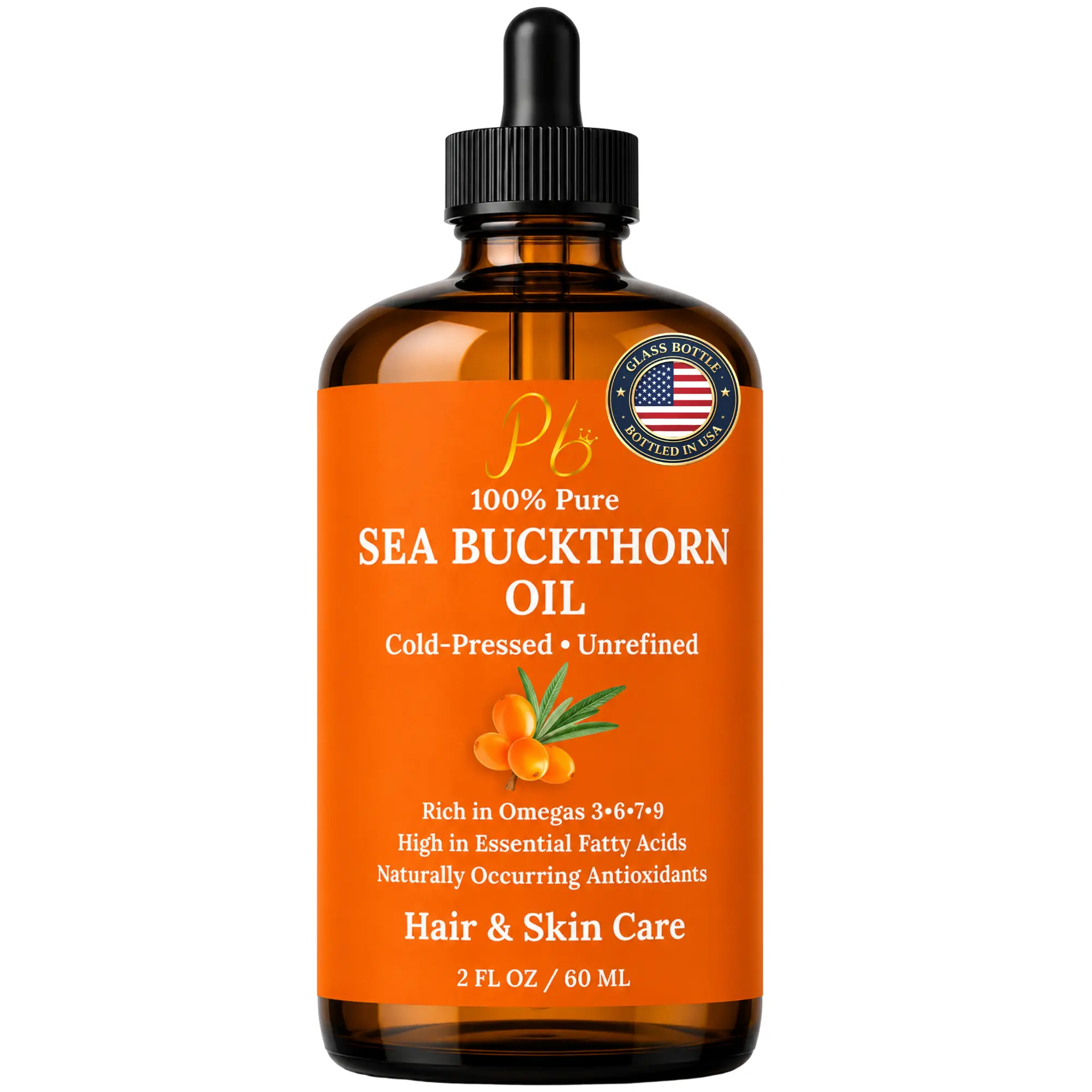 Sea Buckthorn Seed Oil 2 fl oz | 100% Pure, Cold-Pressed, Unrefined | Face, Hair, Skin & Nails | Amber Glass Bottle (External Use Only)