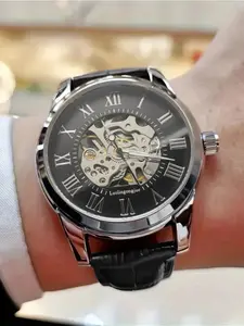Elegant Men's Automatic Mechanical Watch, Leather Strap, Roman Numerals, Business Casual, Ideal Gift, Skeleton Design, Durable, No Battery, Automatic Watches