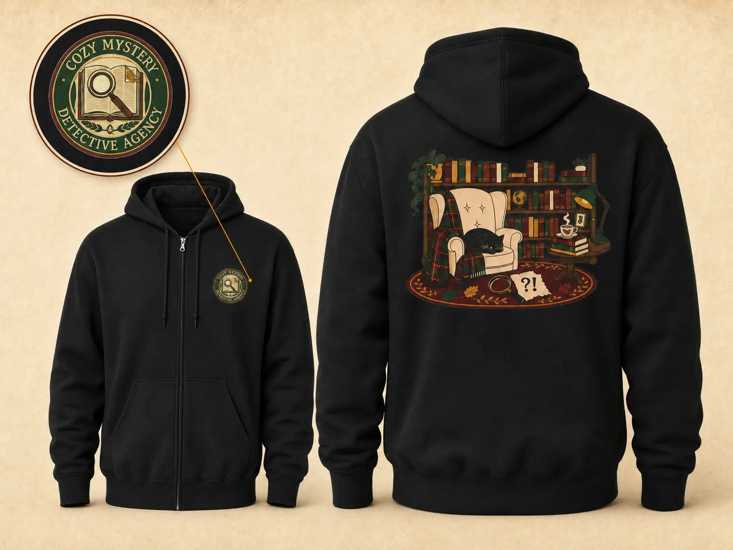 Cozy Mystery Detective Agency Zip-Up Hoodie – Book Lover Reading Nook Front & Back Print