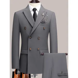 Latest Men's Solid Color Suit Two-Piece Set with Peak Lapel Double Breasted Four Seasons Men's Business Suit Formal Business Casual Wedding Tuxedo