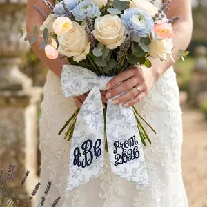 Personalized Bouquet Sash, Monogram Ribbon With Year Text, Floral Print