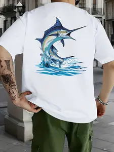 Casual Marlin Graphic Tee Jumping Fish Splash Print Summer Streetwear Aesthetic Soft Breathable Lightweight Short Sleeve Crew Neck Daily Wear Relaxed Fit Versatile Outfit Trendy Gift Comfortable Everyday Apparel Top Ocean Inspired Style