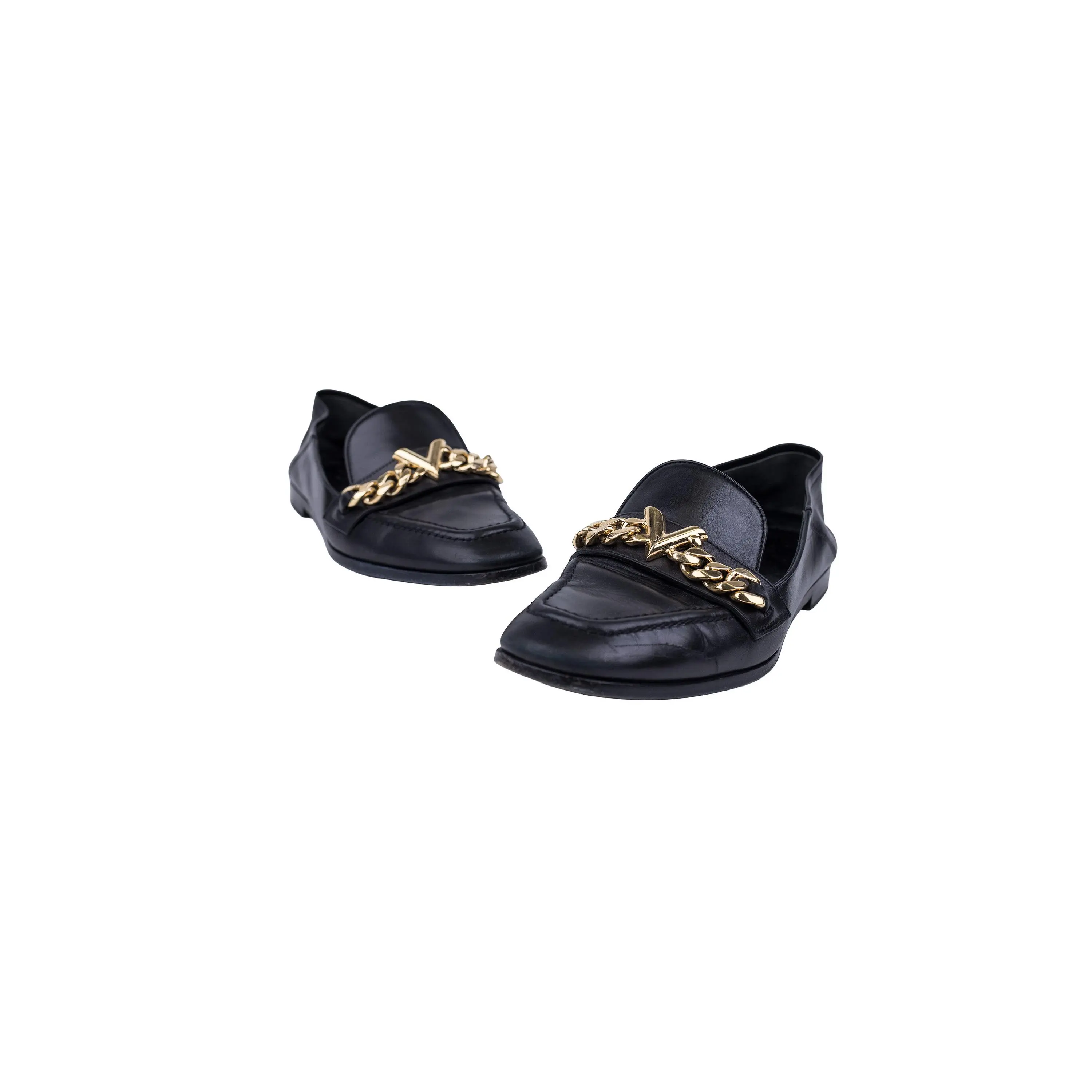 Louis Vuitton Black Calfskin Leather Chain V Loafers Size 37 Gold Hardware