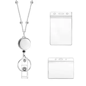 Women's Chain ID Badge Holder Set, Office Extensible Badge Lanyard, Business Card Protector, Silver Color, Ideal for Teachers & Professionals, Retractable Badge Holders
