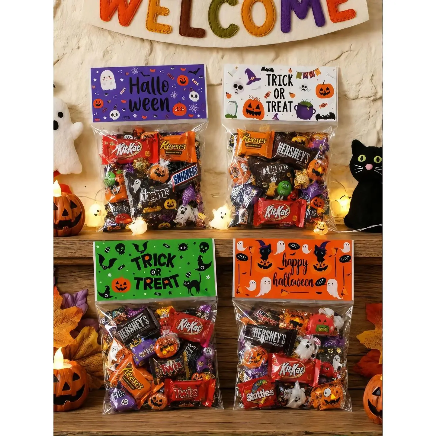 (4) Halloween Chocolate Candy Filled Bags - Perfect for Trick or Treat Parties & Halloween Celebrations (SET OF 4)